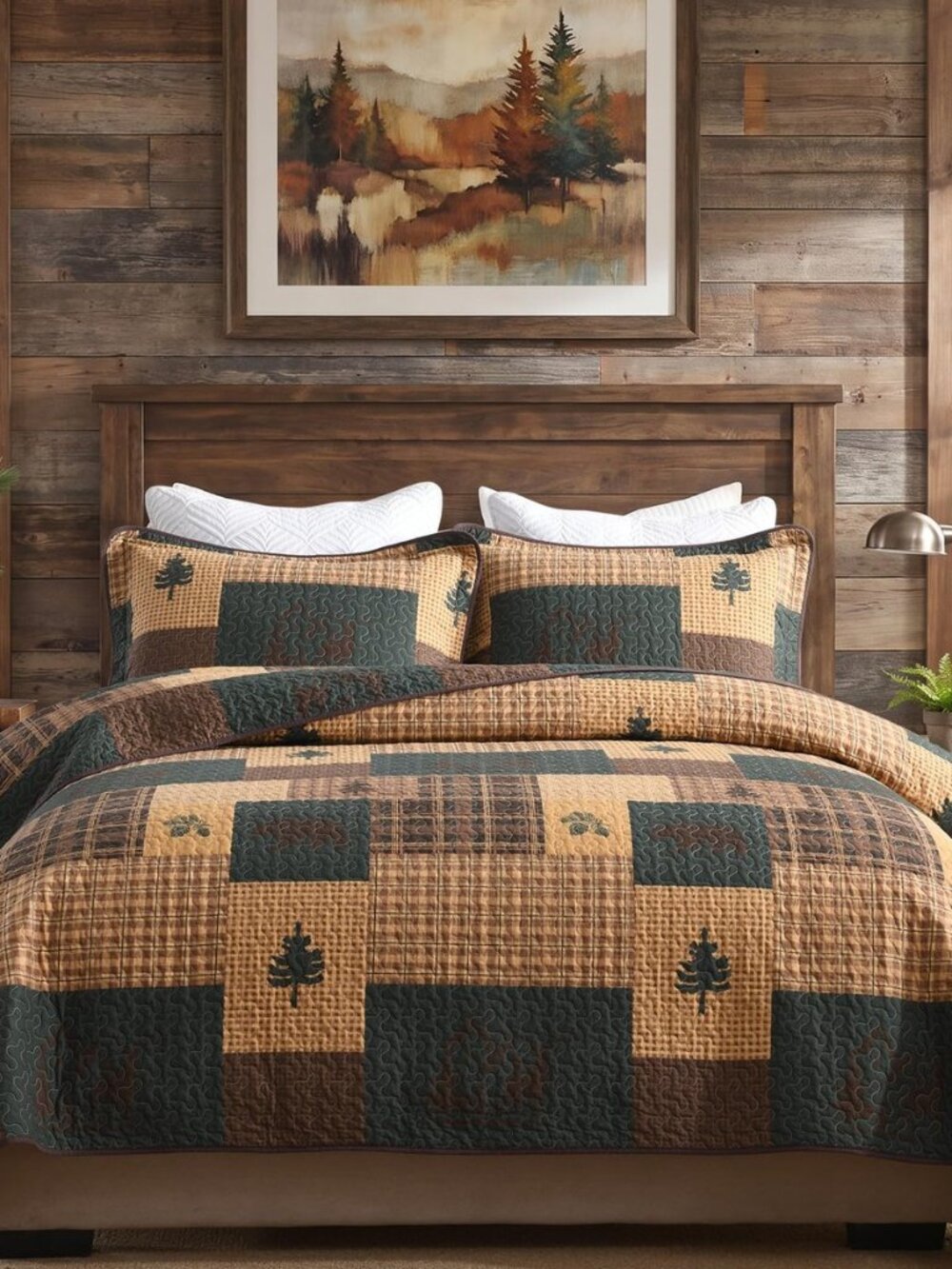 Quilts King Size, Forest Bear Deer Animal Plaid Cabin Quilt Set